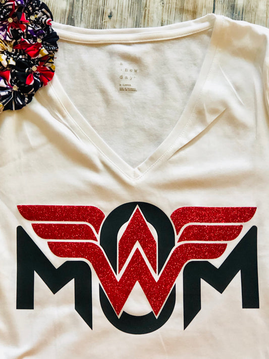 Wonder Mom tee (white and red glitter)